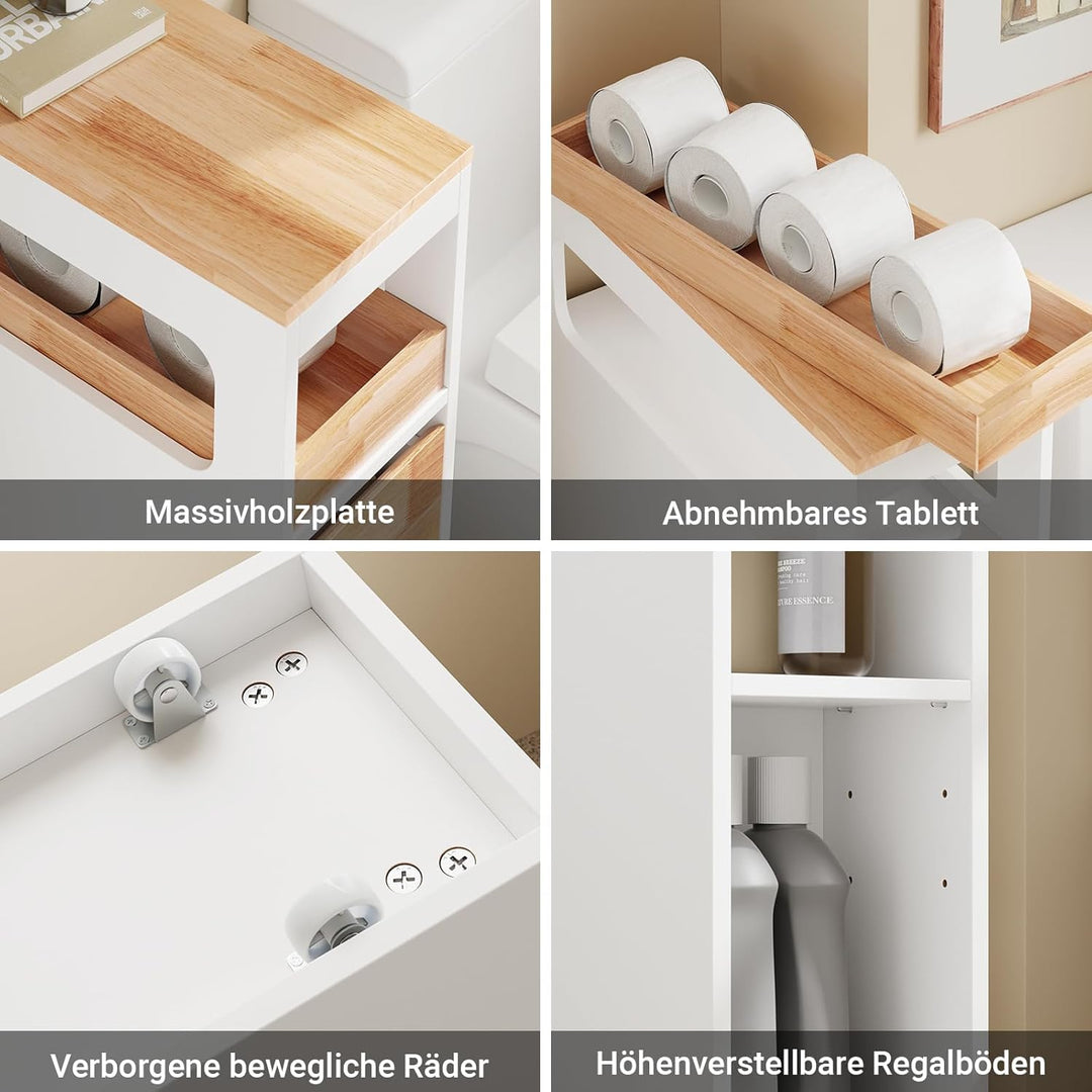 Smalt badeværelsesskab med 3 skuffer, pladsbesparende rullevogn på hjul, velegnet til badeværelse, toilet og køkkenopbevaring, 65x23x82 cm, hvid