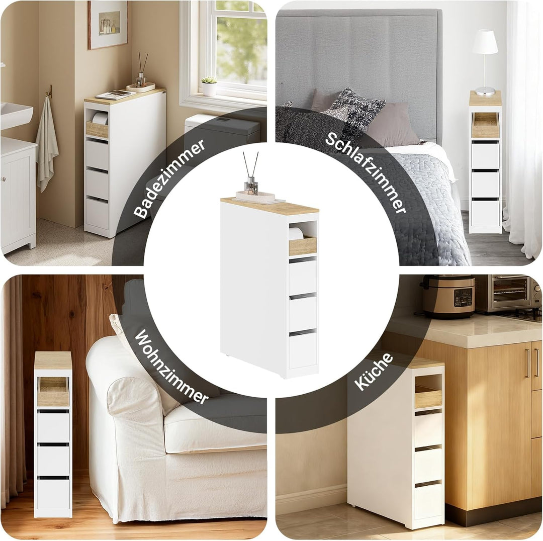 Smalt badeværelsesskab – 20 cm nicheskab med 3 skuffer, kompakt og flytbart til små badeværelser og køkkener, 60 × 20 × 82,3 cm