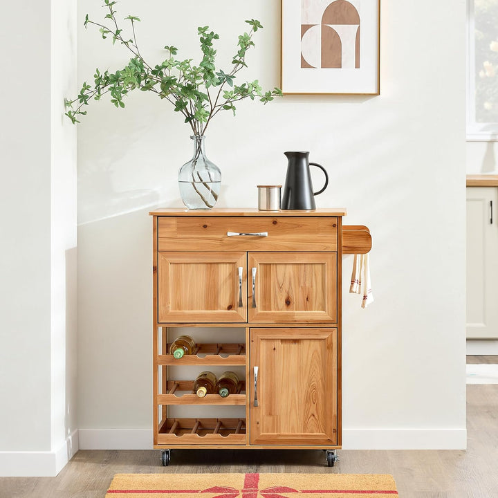 Køkkenvogn med hjul og vinreol, vintage naturfarvet, 67x88x37 cm