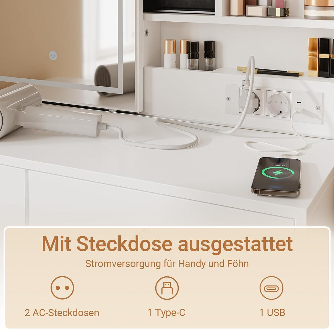 Sminkebord med LED-belysning, ladestation og skammel, 120 × 40 × 127 cm