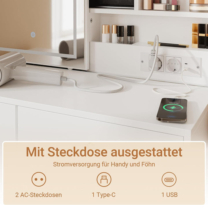 Sminkebord med LED-belysning, ladestation og skammel, 120 × 40 × 127 cm