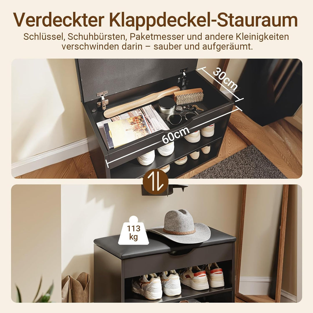 Skobænk med opbevaring og polstret sæde – sort nordisk design
