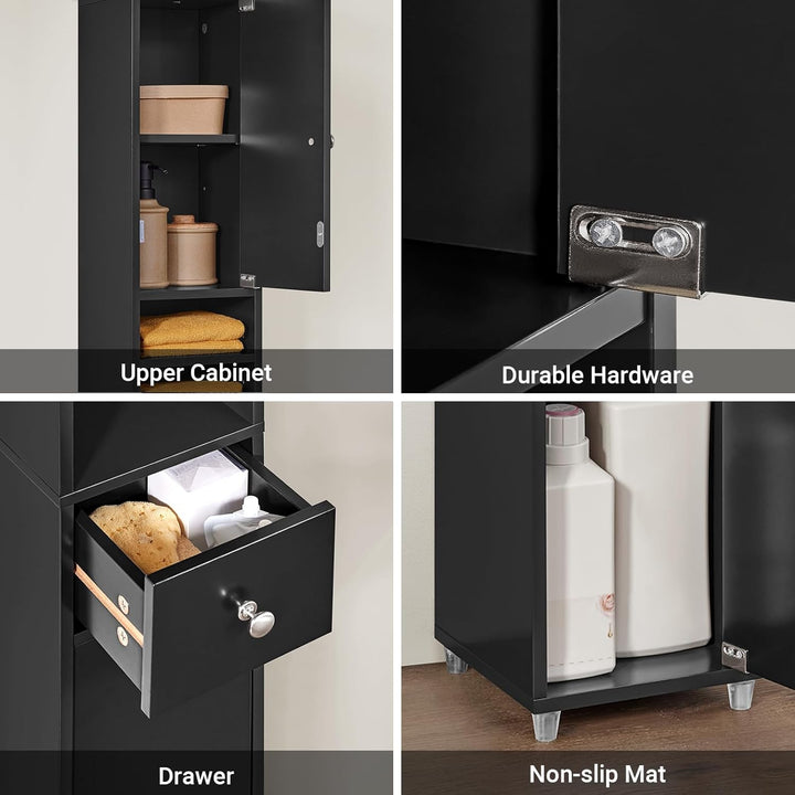 Sort, slankt badeværelsesskab i massivt træ – fritstående med justerbare hylder, 20D x 20B x 180H