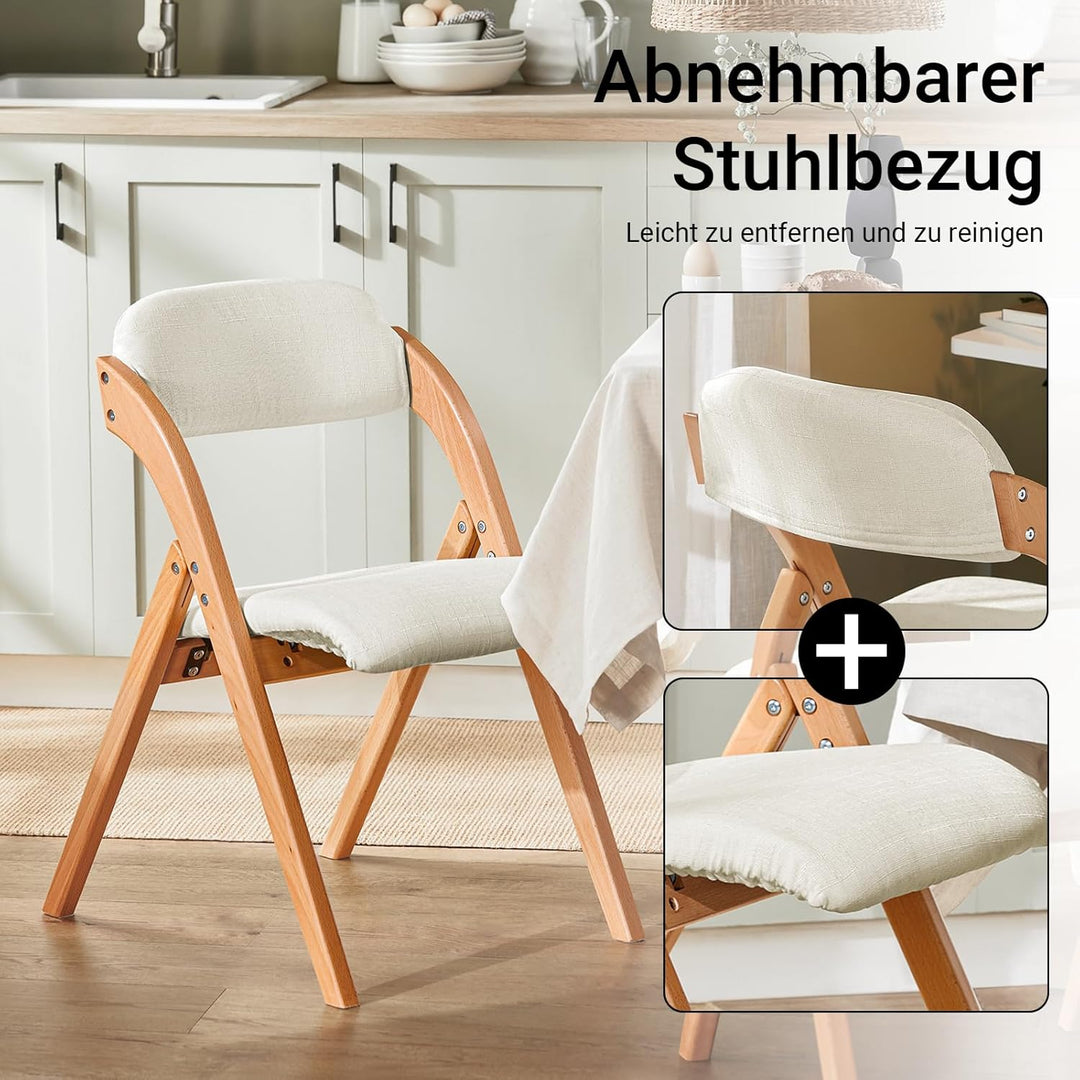 Sæt med 2 sammenklappelige, polstrede træstole i hvid – ergonomiske og pladsbesparende køkken- og spisebordstole, 47,5 × 77 × 59 cm