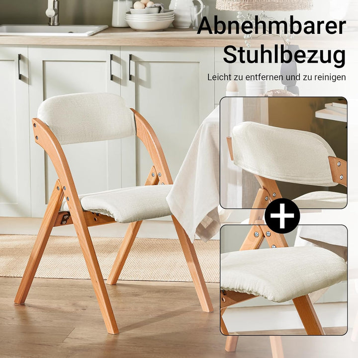Sæt med 2 sammenklappelige, polstrede træstole i hvid – ergonomiske og pladsbesparende køkken- og spisebordstole, 47,5 × 77 × 59 cm