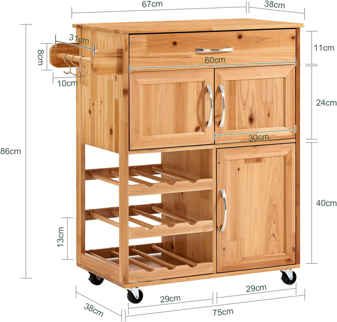 Køkkenvogn med hjul og vinreol, vintage naturfarvet, 67x88x37 cm