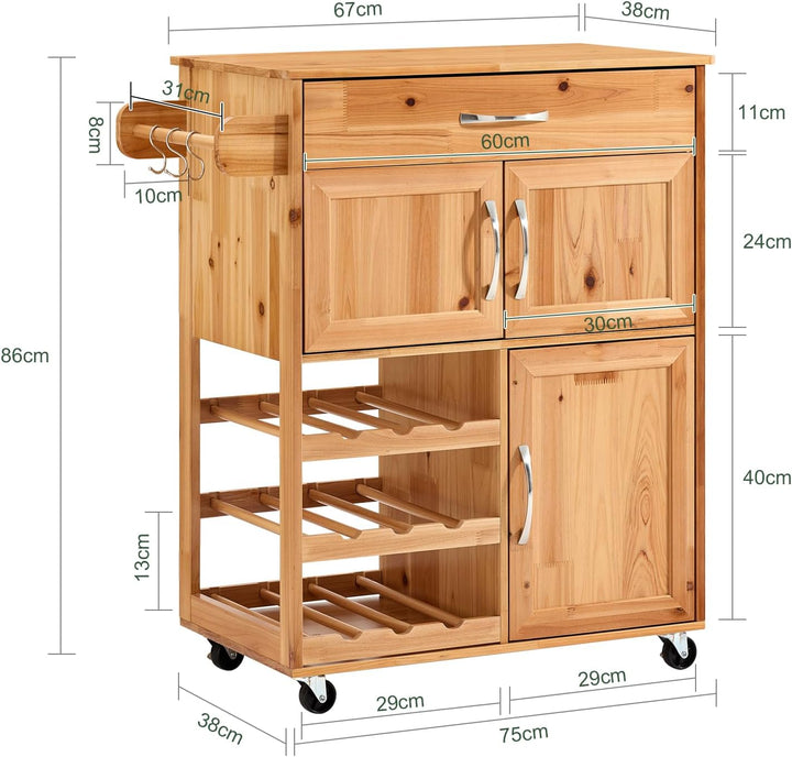 Køkkenvogn med hjul og vinreol, vintage naturfarvet, 67x88x37 cm