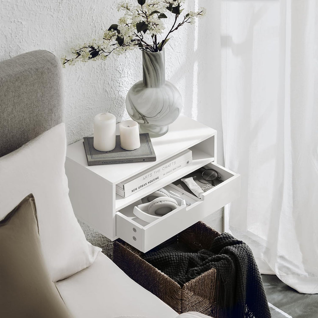 Sæt med 2 vægsengebord - pladsbesparende, skuffe og åbent rum, vægmonteret natbord, B45 x D25 x H22 cm, hvid