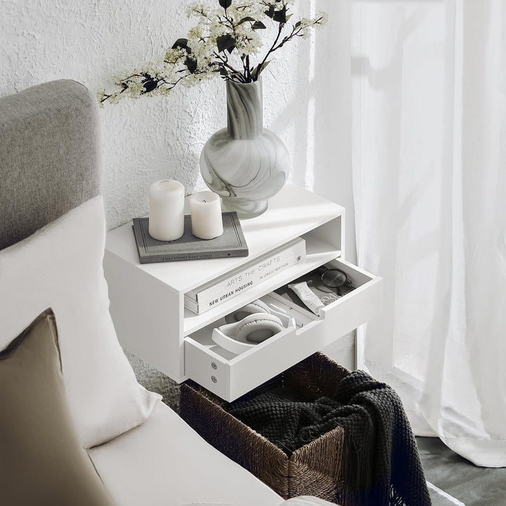 Sæt med 2 vægsengebord - pladsbesparende, skuffe og åbent rum, vægmonteret natbord, B45 x D25 x H22 cm, hvid