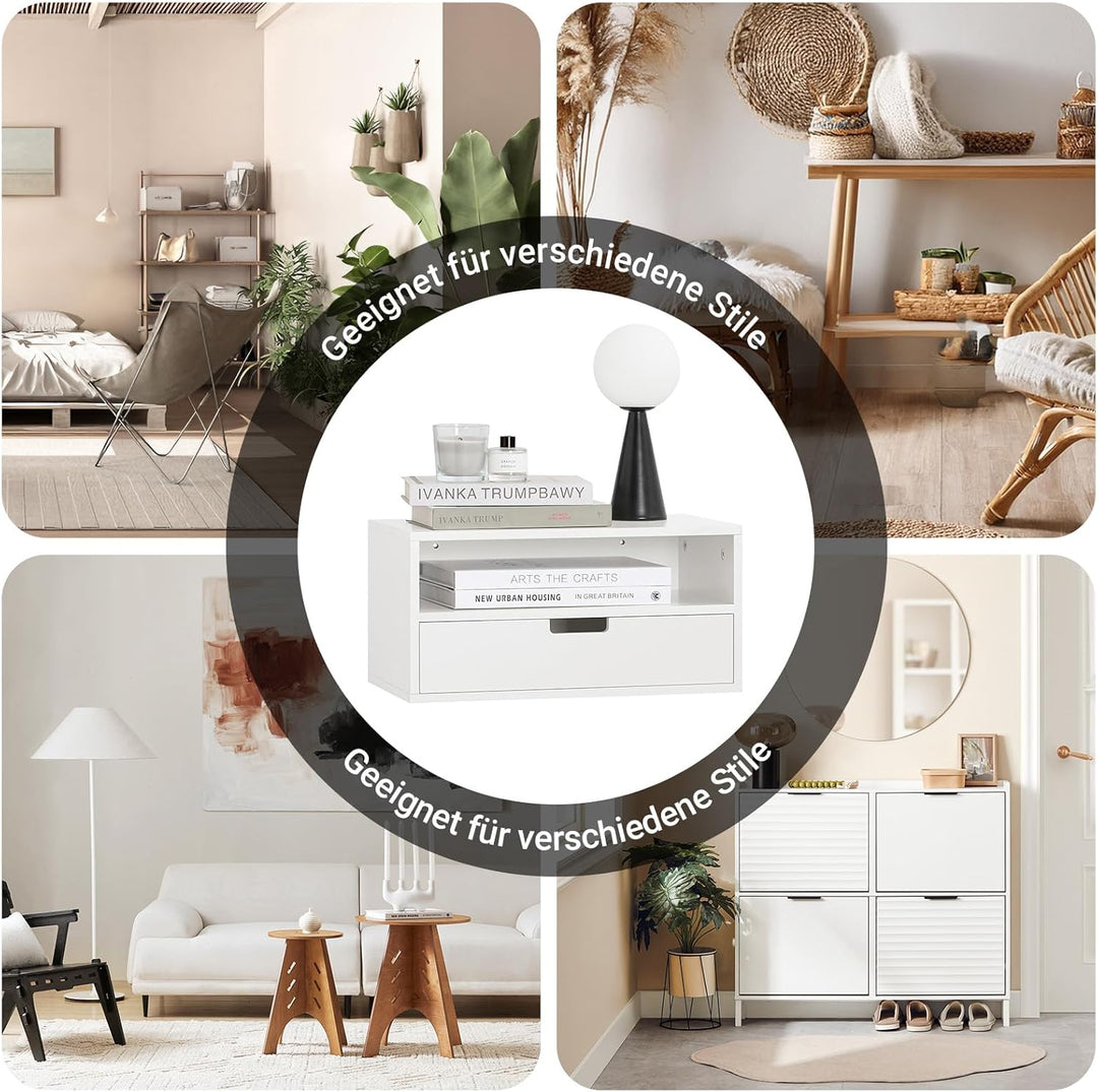 Sæt med 2 vægsengebord - pladsbesparende, skuffe og åbent rum, vægmonteret natbord, B45 x D25 x H22 cm, hvid