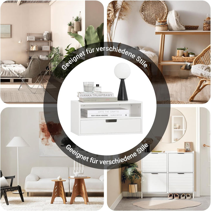 Sæt med 2 vægsengebord - pladsbesparende, skuffe og åbent rum, vægmonteret natbord, B45 x D25 x H22 cm, hvid