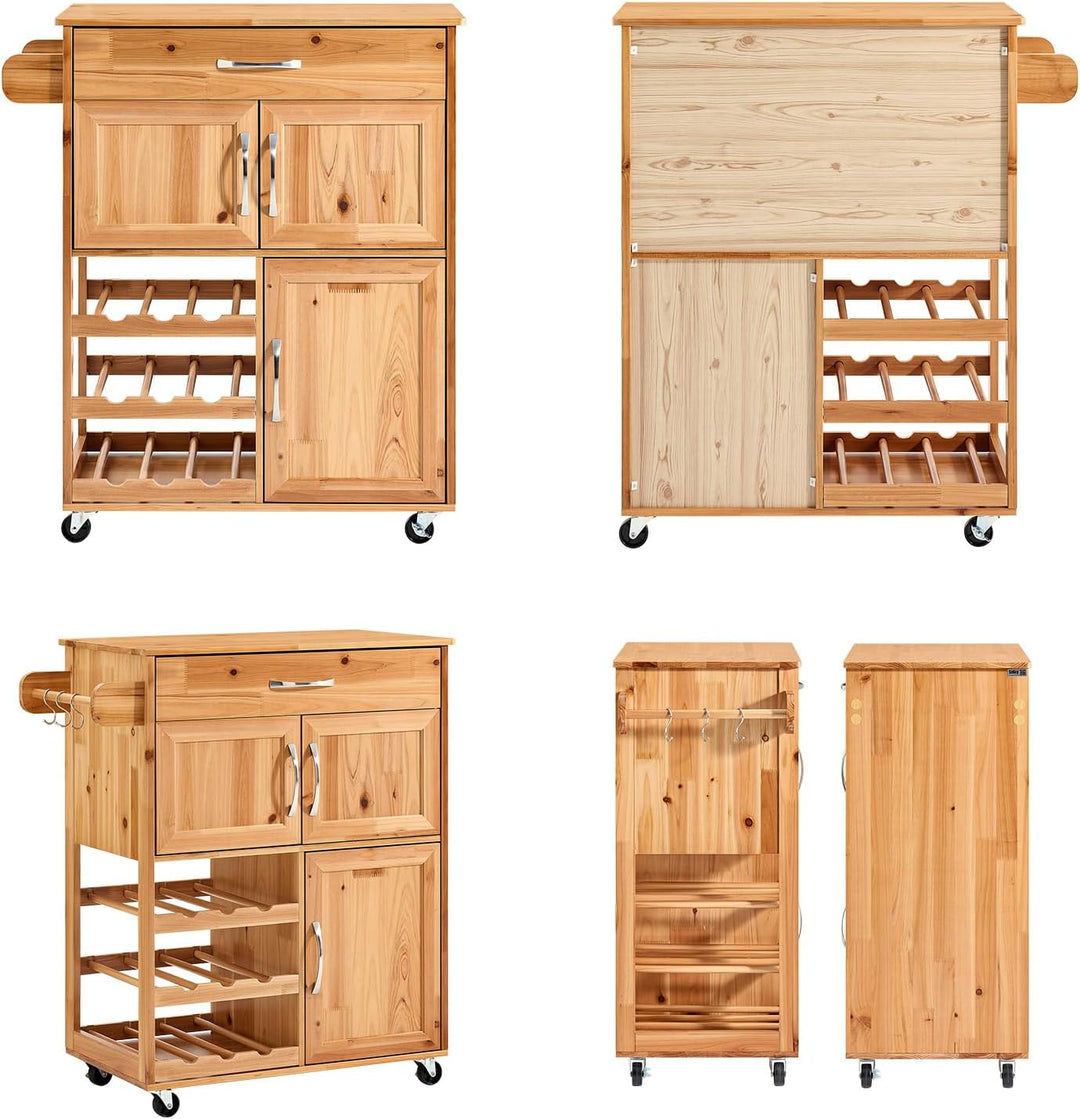 Køkkenvogn med hjul og vinreol, vintage naturfarvet, 67x88x37 cm