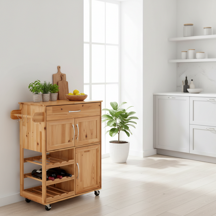 Køkkenvogn med hjul og vinreol, vintage naturfarvet, 67x88x37 cm