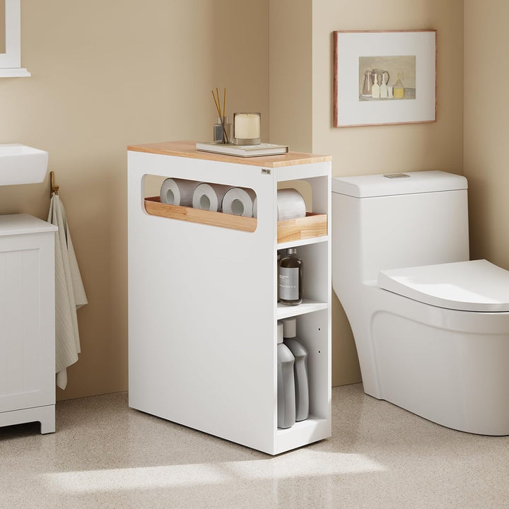 Smalt badeværelsesskab med 3 skuffer, pladsbesparende rullevogn på hjul, velegnet til badeværelse, toilet og køkkenopbevaring, 65x23x82 cm, hvid