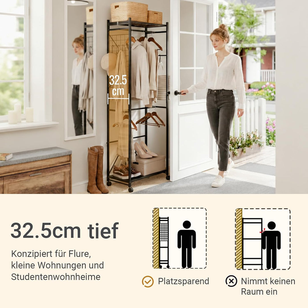 Foldbart tøjstativ smal på hjul, 60,5x32,5x175cm