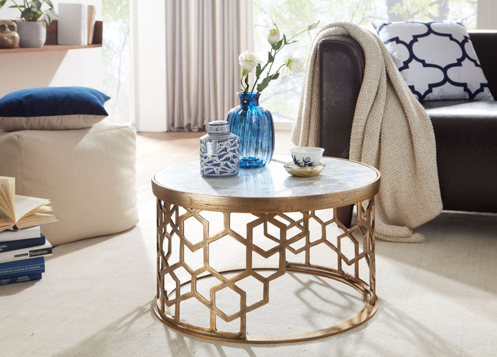 Sofabord, ægte hvid marmor, 60x60x36 cm; sofabord, metal, guld; rundt designerbord til stuen; lille moderne sofabord; sidebord/sidebord til stuen