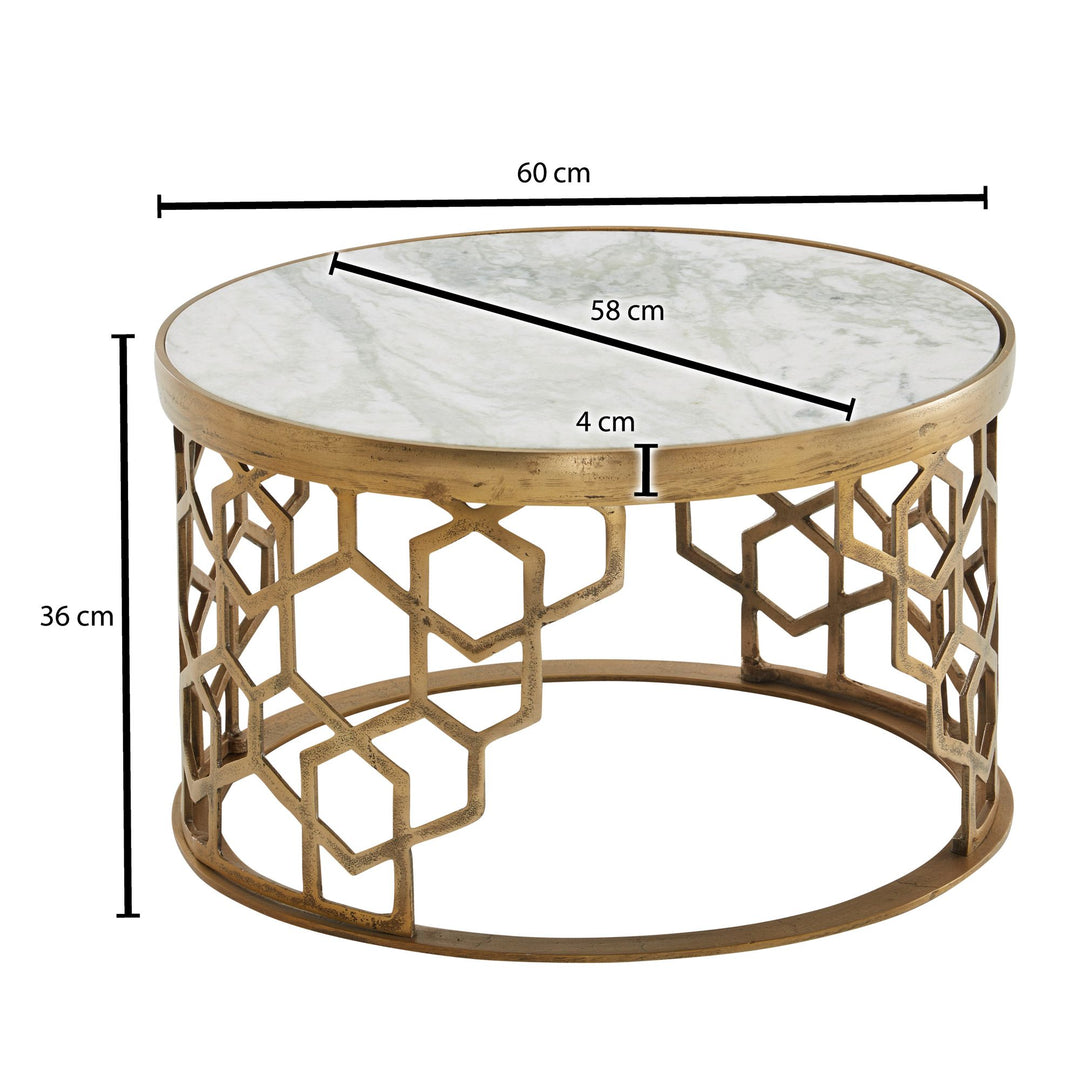 Sofabord, ægte hvid marmor, 60x60x36 cm; sofabord, metal, guld; rundt designerbord til stuen; lille moderne sofabord; sidebord/sidebord til stuen