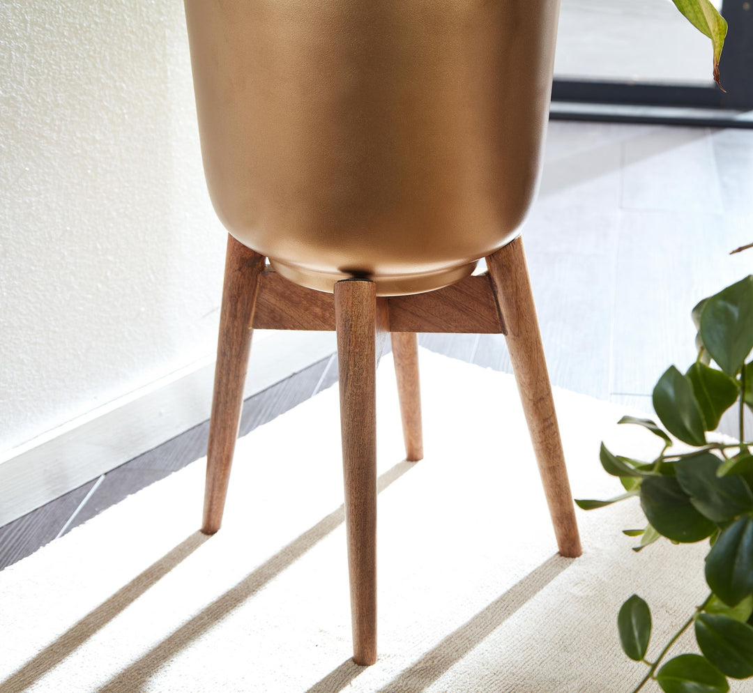 Sæt med 2 metal/massivt træ blomsterpotter, guldfarvede plantekasser med fødder, runde designer plantekasser, blomsterpotter, plantekasser