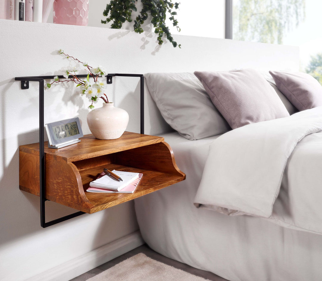 Vægmonteret sengebord 44x45x35 cm, massivt mangotræ, natbord med hylde, svævende væghylde til boxmadrassenge, vægkonsol/hængende sengebord