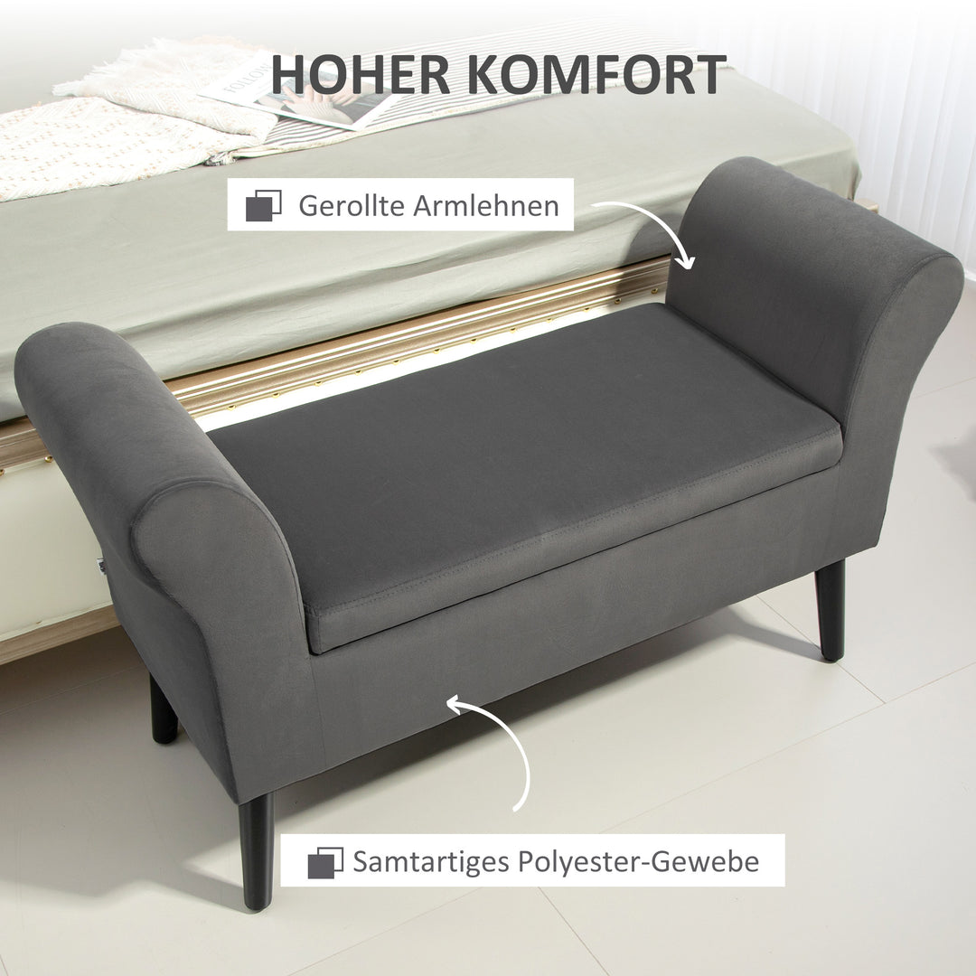 Polstret bænk med opbevaringsplads, kommodebænk med armlæn, 46 cm sædehøjde, fløjlspolyester, 111,5 x 41 x 65 cm, mørkegrå