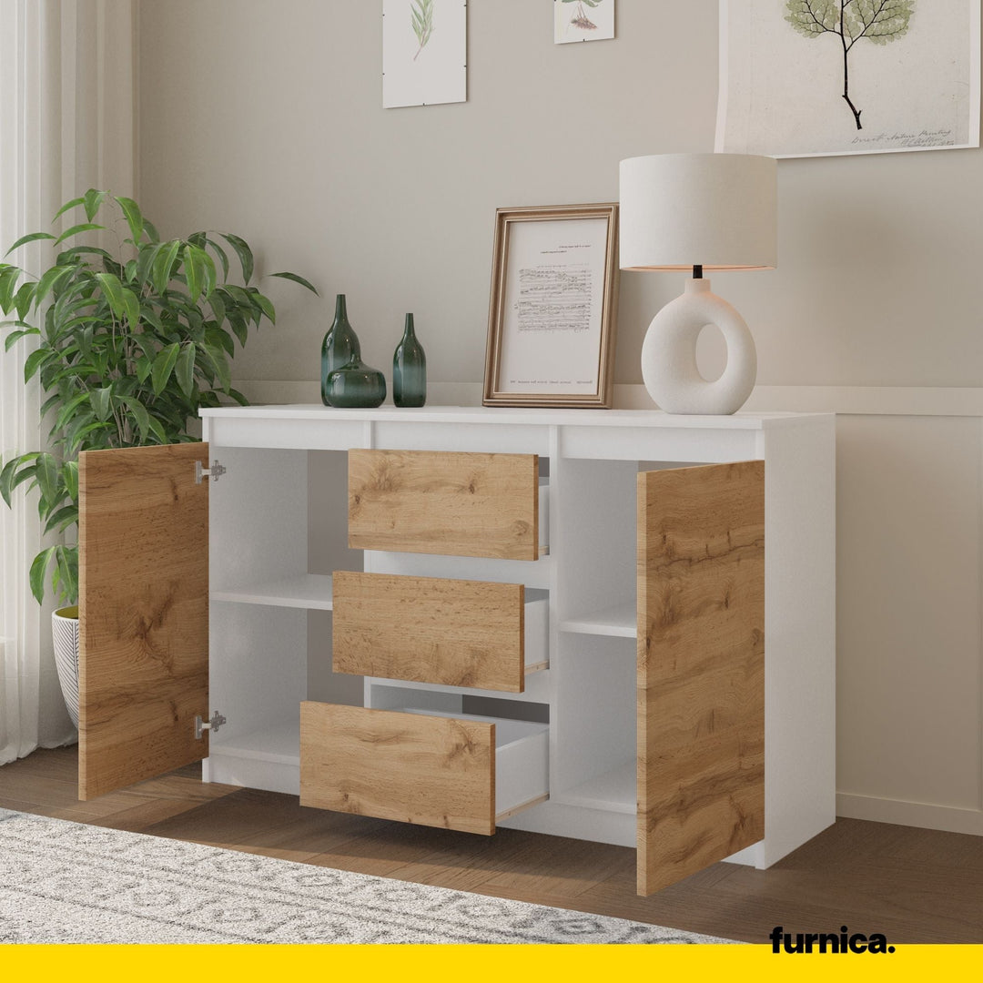 MIKEL - Kommode med 3 skuffer - mat hvid / naturfarvet H75cm B120cm D35cm