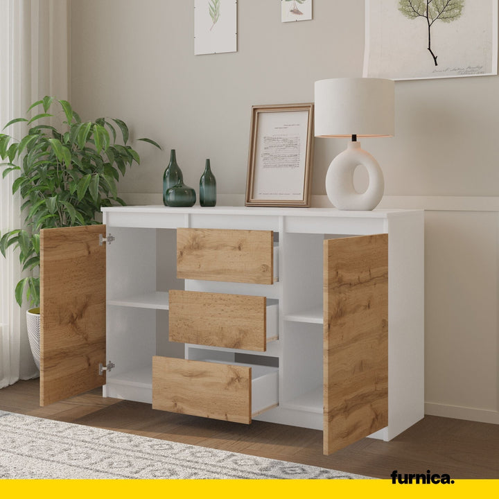 MIKEL - Kommode med 3 skuffer - mat hvid / naturfarvet H75cm B120cm D35cm