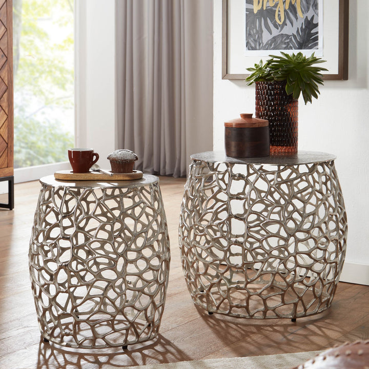 Sidebordsæt med 2, aluminium, sølvdesign, indskudsborde, metal, rundt, stuebord, sofabord, grenstruktur, moderne, 2-delt sofabord til stuen