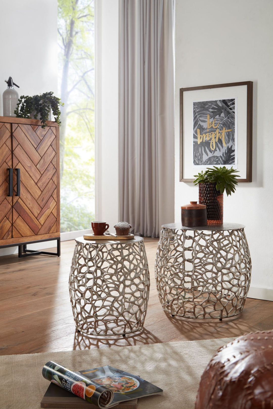 Sidebordsæt med 2, aluminium, sølvdesign, indskudsborde, metal, rundt, stuebord, sofabord, grenstruktur, moderne, 2-delt sofabord til stuen