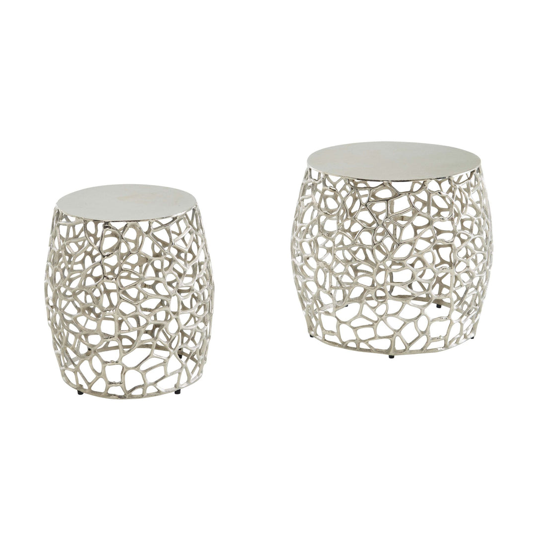 Sidebordsæt med 2, aluminium, sølvdesign, indskudsborde, metal, rundt, stuebord, sofabord, grenstruktur, moderne, 2-delt sofabord til stuen