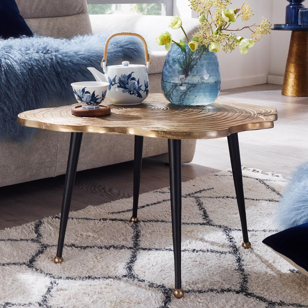 Aluminium sofabord med træskivedesign, 64x64x37 cm, metal sofabord i guld, rundt designer stuebord, lille moderne sofabord, sidebord til stuen
