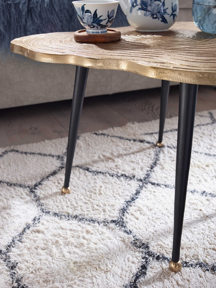 Aluminium sofabord med træskivedesign, 64x64x37 cm, metal sofabord i guld, rundt designer stuebord, lille moderne sofabord, sidebord til stuen