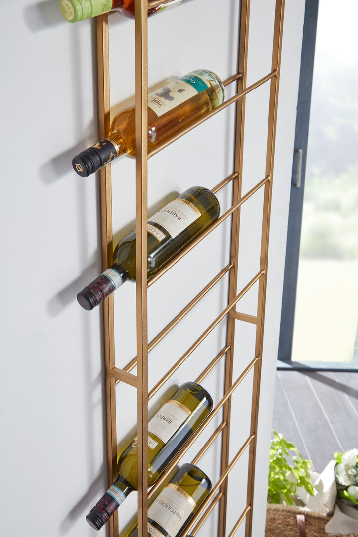 Metal vægmonteret vinreol, guld, 36x150x8 cm, stor, til 8 flasker, designer væghylde til køkkenet, hængende flaskereol, smal, vægmonteret
