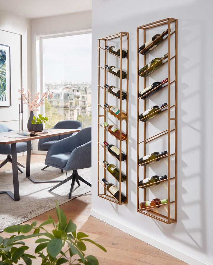Metal vægmonteret vinreol, guld, 36x150x8 cm, stor, til 8 flasker, designer væghylde til køkkenet, hængende flaskereol, smal, vægmonteret