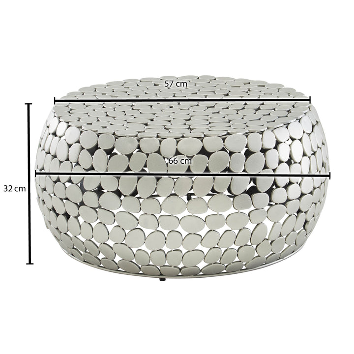 Metal sofabord, sølv, 66x66x32 cm; Aluminium sofabord; Rundt designer stuebord; Lille moderne sofabord; Sidebord/endebord til stuen