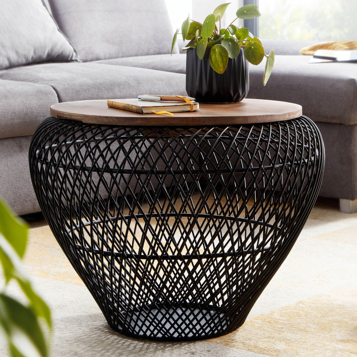 Sofabord, massivt mangotræ, metal, 60x60x45 cm, sort, rundt med opbevaring, designer stuebord, fletbord, moderne sidebord, sofabord til stuen