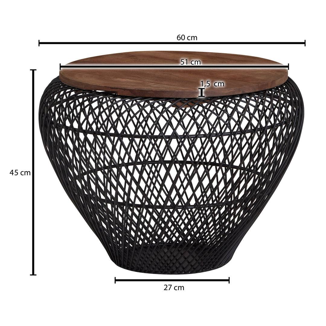 Sofabord, massivt mangotræ, metal, 60x60x45 cm, sort, rundt med opbevaring, designer stuebord, fletbord, moderne sidebord, sofabord til stuen