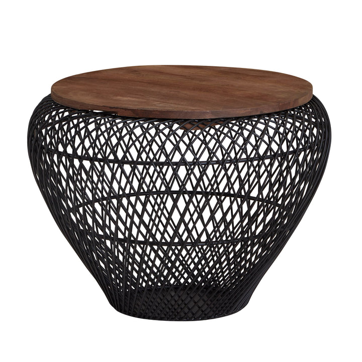 Sofabord, massivt mangotræ, metal, 60x60x45 cm, sort, rundt med opbevaring, designer stuebord, fletbord, moderne sidebord, sofabord til stuen