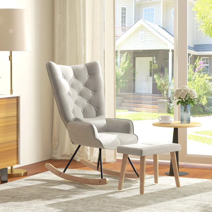 Gyngestol med skammel, polstret, høj ryg, fløjlslook, op til 150 kg, cremehvid