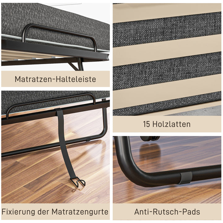 Klapseng med madras, 4 hjul, metalramme, op til 150 kg, 190 x 80 x 42 cm, mørkegrå