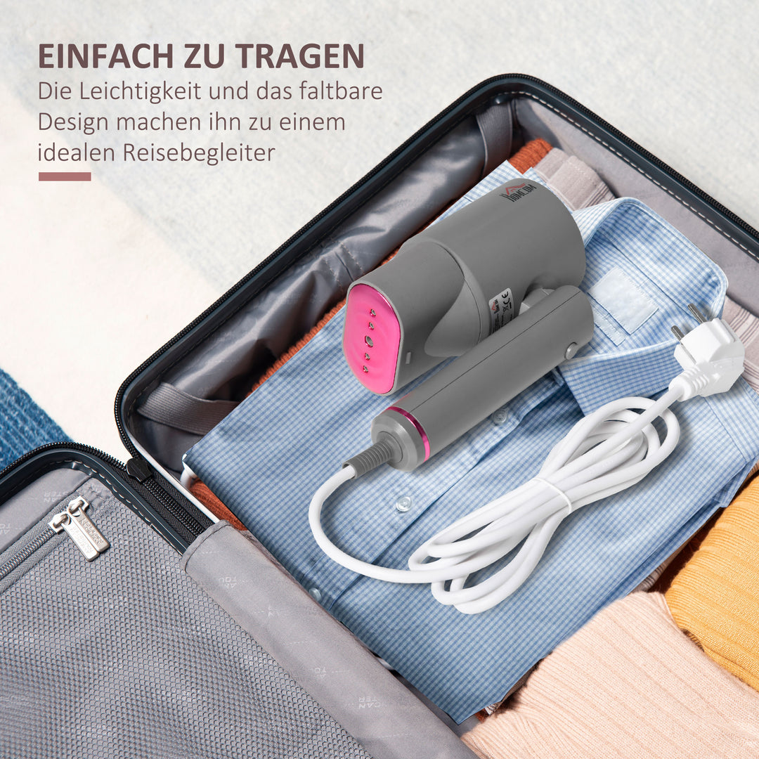 Dampstrygejern med børste, dampstrygejern med rejsestrygejern, foldbart tøj, skjorter, dampstrygejern med 160 ml vandtank, 1520 w, hurtig opvarmning, aluminium, plastik, grå+lyserød, 27,5 x 18,2 x 9 cm