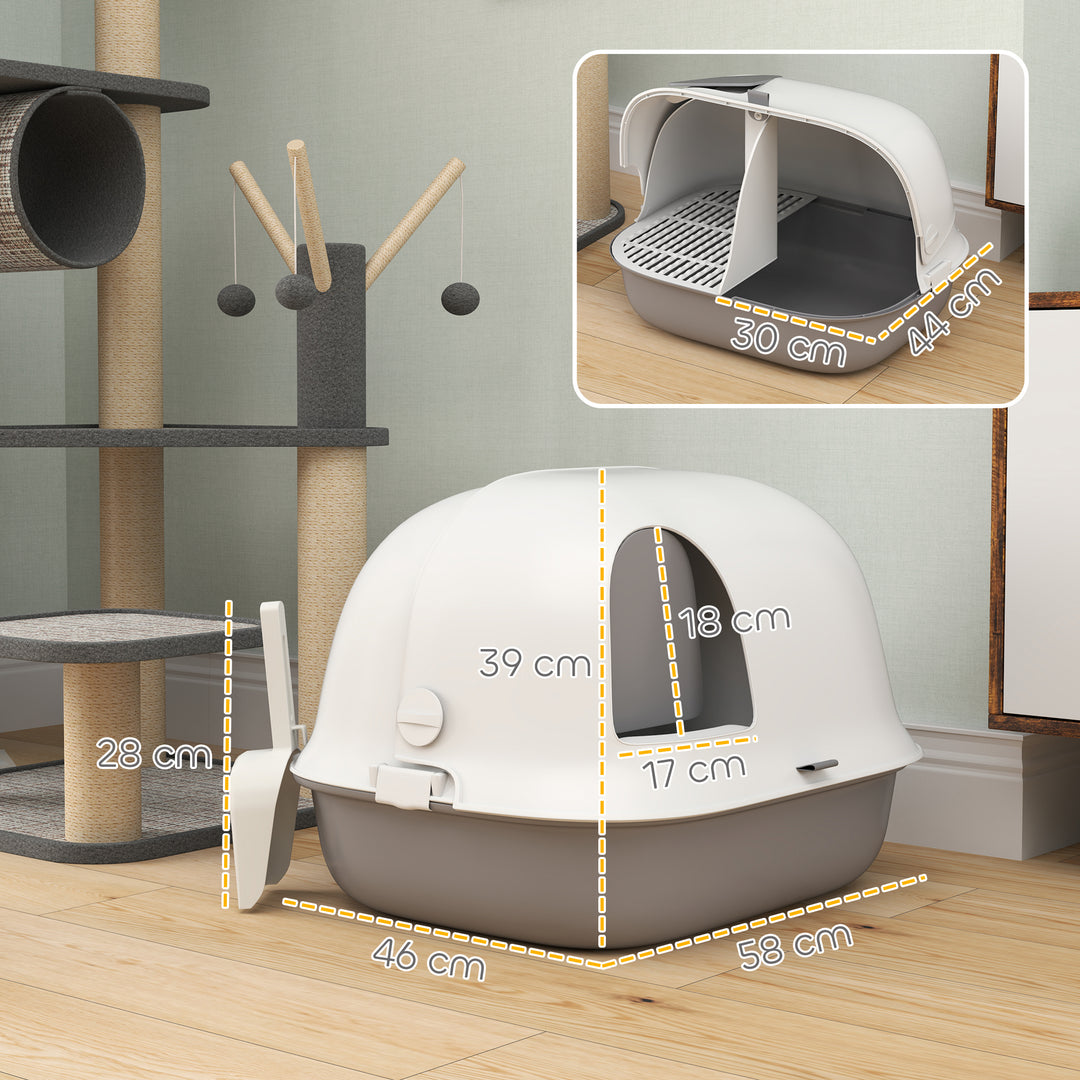 Kattebakke med låg, kattebakke med indvendig kanal, dør, skovl, nem at rengøre, plastik, lysegrå