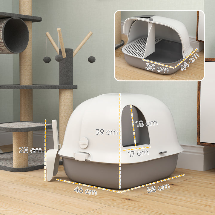 Kattebakke med låg, kattebakke med indvendig kanal, dør, skovl, nem at rengøre, plastik, lysegrå