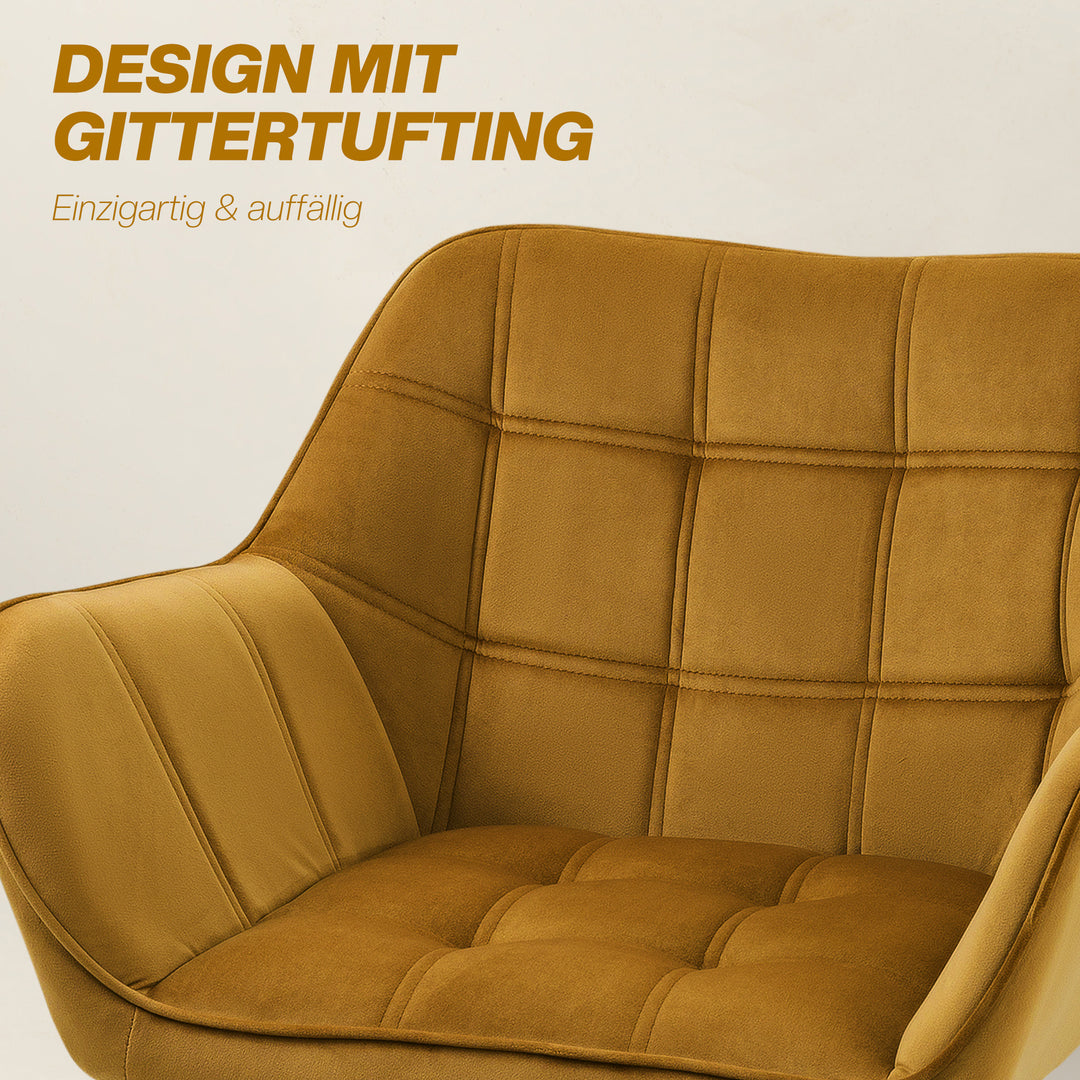 Polstret lænestol, accentstol, skandinavisk design, fløjlslook, op til 120 kg, ben i gummitræ, gul