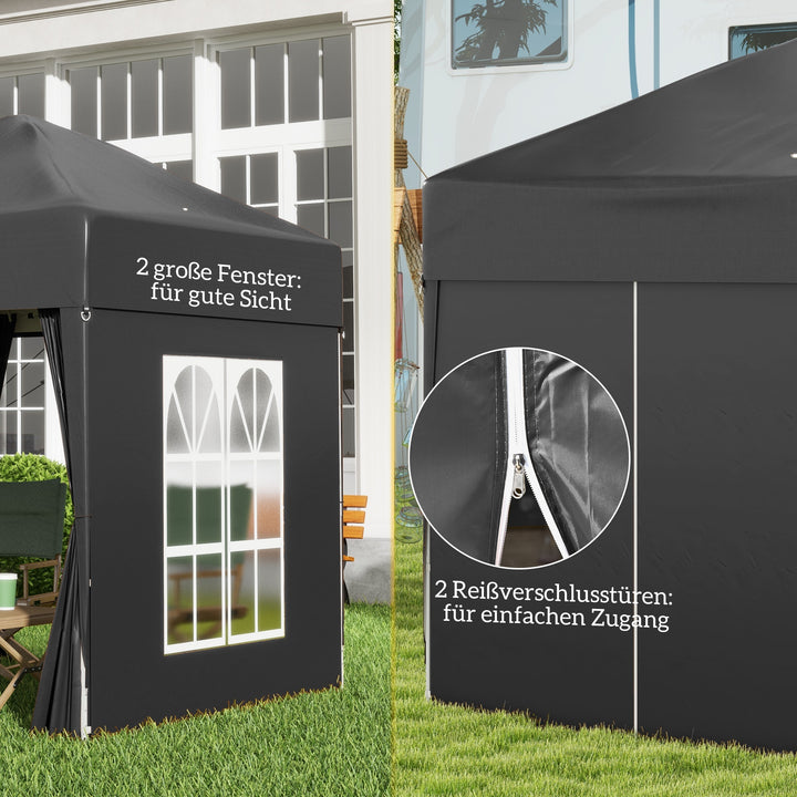 Foldbart pavillon, øltelt, 4 aftagelige sidepaneler, 2 vinduer, metalramme, 2 x 2m, sort