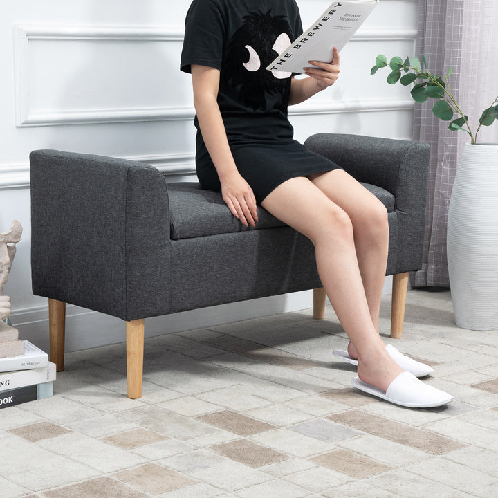 Bænk med opbevaringsplads, polstret bænk med linnedlook, træben, sengebænk, bæreevne op til 130 kg, til stue, soveværelse, entre, 116 x 44 x 58 cm mørkegrå