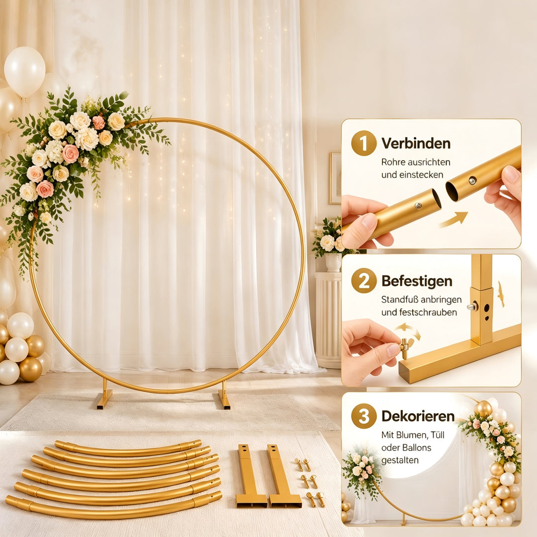 2m rund ballonbue med blomstermønster, guldfod, ramme, bryllup, ny