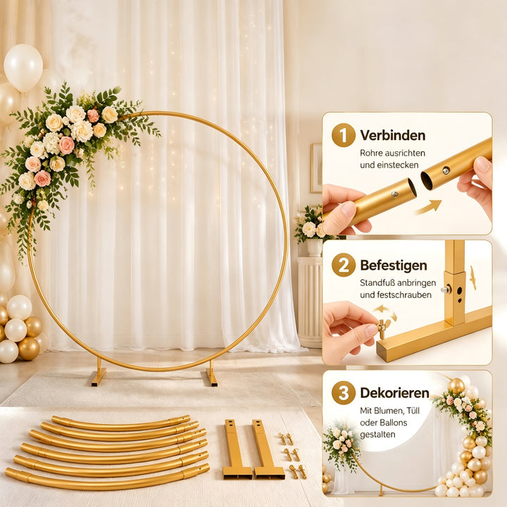 2m rund ballonbue med blomstermønster, guldfod, ramme, bryllup, ny