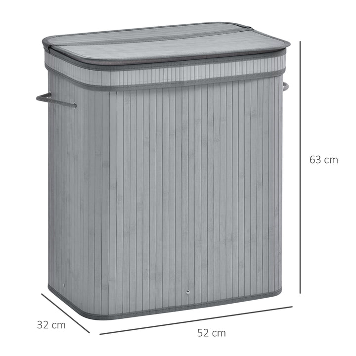 100 L bambus vasketøjskurv med låg og aftageligt for, foldbar tøjkurv, vandafvisende, grå