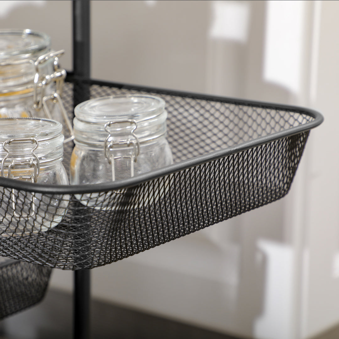 Rullevogn med 4 kurve, køkkenvogn, 4 hjul med 2 bremser, værktøjsvogn, sort, 41,5 x 31 x 66 cm