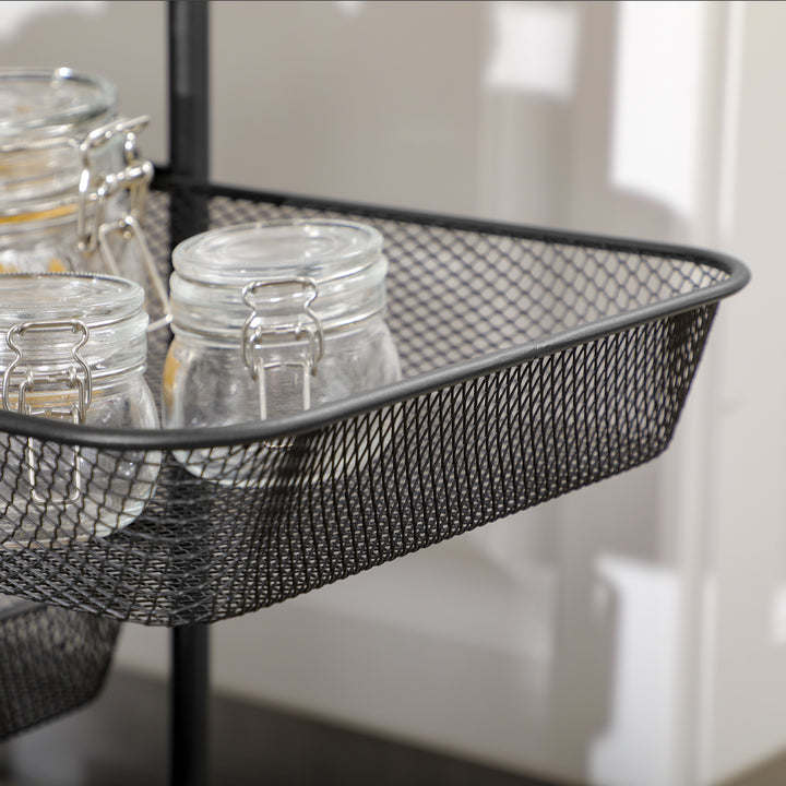 Rullevogn med 4 kurve, køkkenvogn, 4 hjul med 2 bremser, værktøjsvogn, sort, 41,5 x 31 x 66 cm